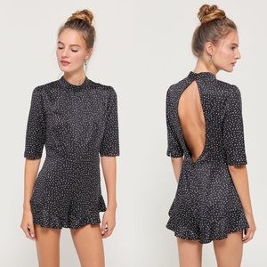 UO Tonya Crepe Keyhole Romper Black Ruffle